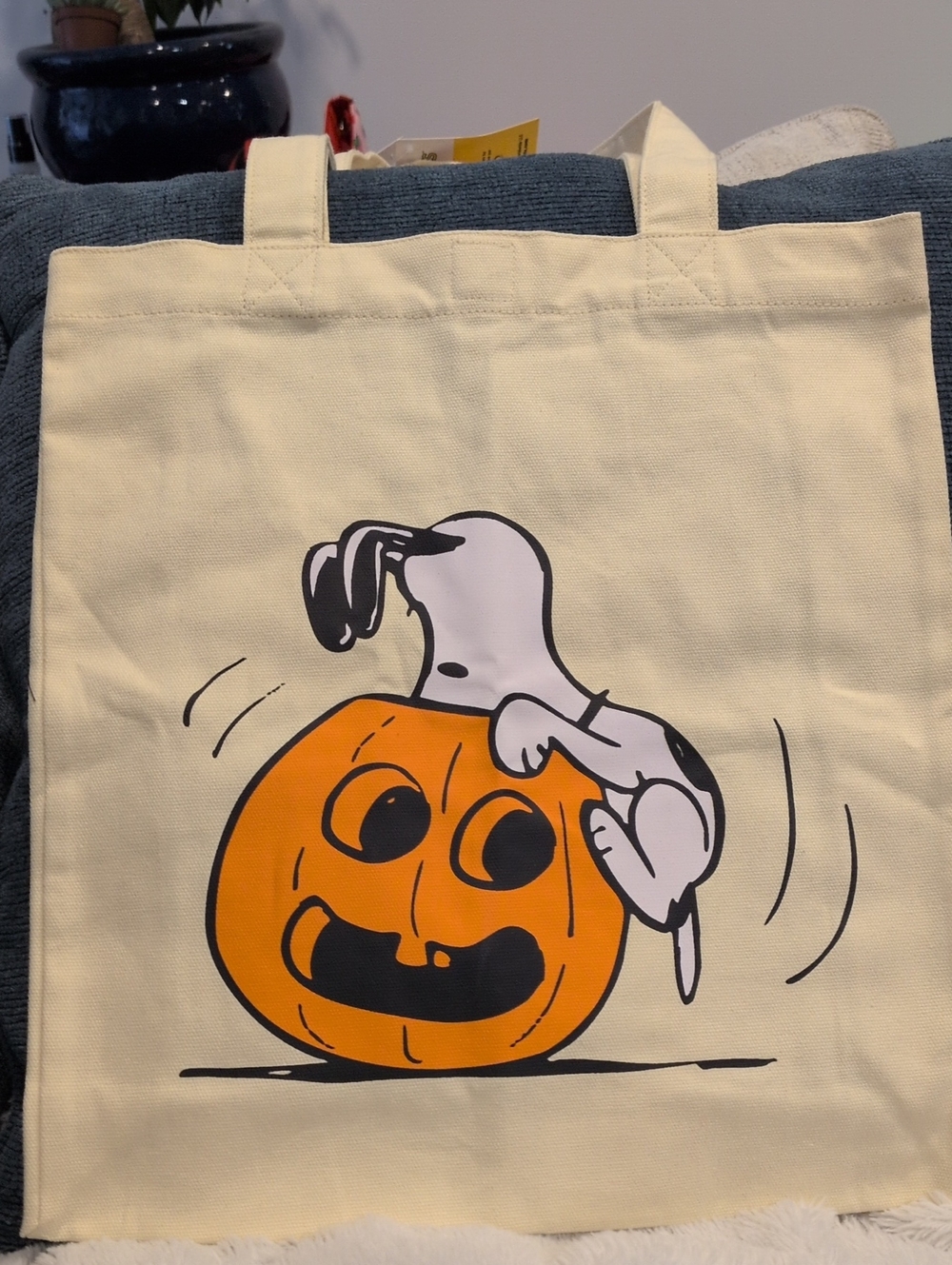 Canvas Tote Bag with Halloween Snoopy Pumpkin Print